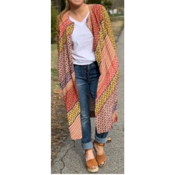 CAbi Poet Jacket Kimono Belted Bold Boho Patchwork Topper Cardigan Multicolor L - Picture 8 of 8